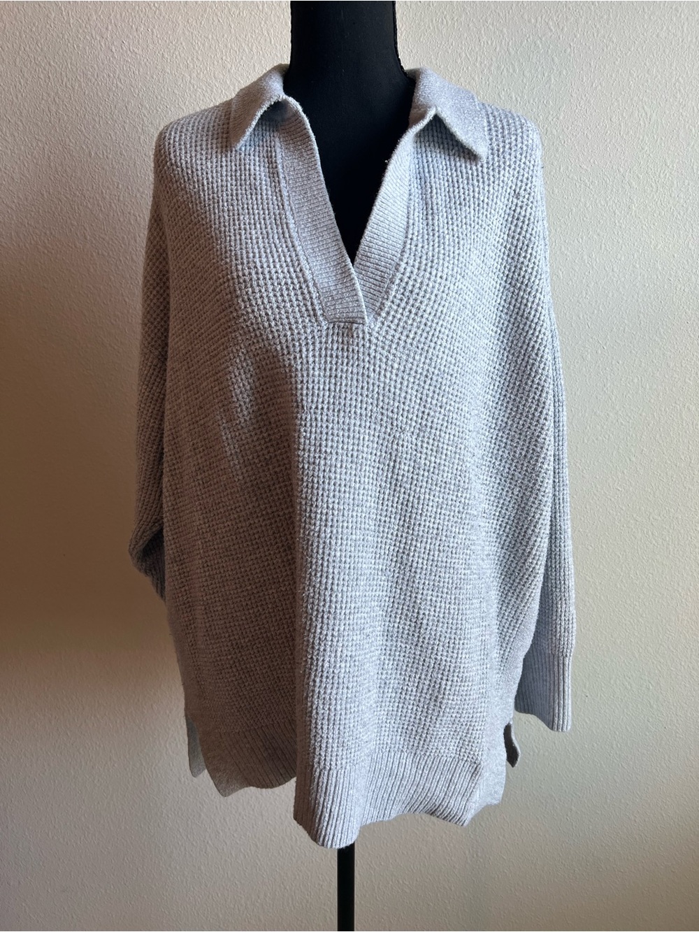 aerie Cozy Up Light Gray Waffle-Knit V-Neck Drop Shoulder Oversized Sweater